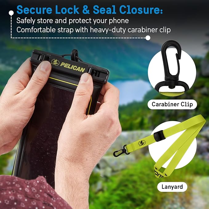 Pelican Marine - IP68 Waterproof Phone Pouch (Regular Size) Floating Waterproof Phone Case - Beach Cruise Ship Travel Essentials - Works with All Phones - Detachable Lanyard - Black/Hi-Vis Yellow