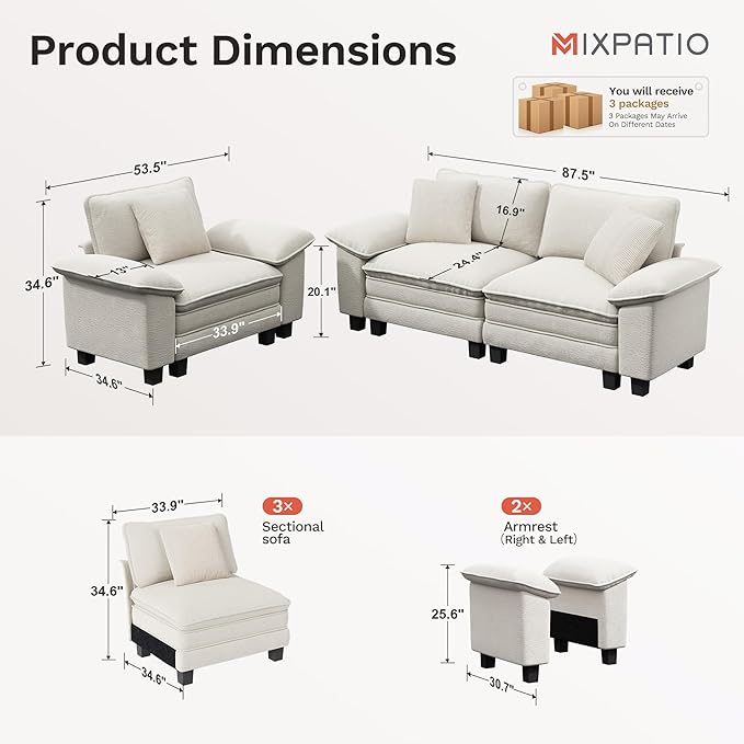 L-Shaped Cloud Modular Sofa Set with Chaise, Deep Seat 3-Piece Sectional & Removable Arms, Plush Chenille for Living Room - Beige