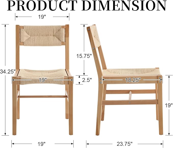 Modern Rattan Dining Chairs Set of 4, Boho Cane Farmhouse Chair, Natural Wood Legs Dining Chairs with Open Back, Armless with Natural Weave 2.5 Inches Seat Kitchen Chairs for Living Room