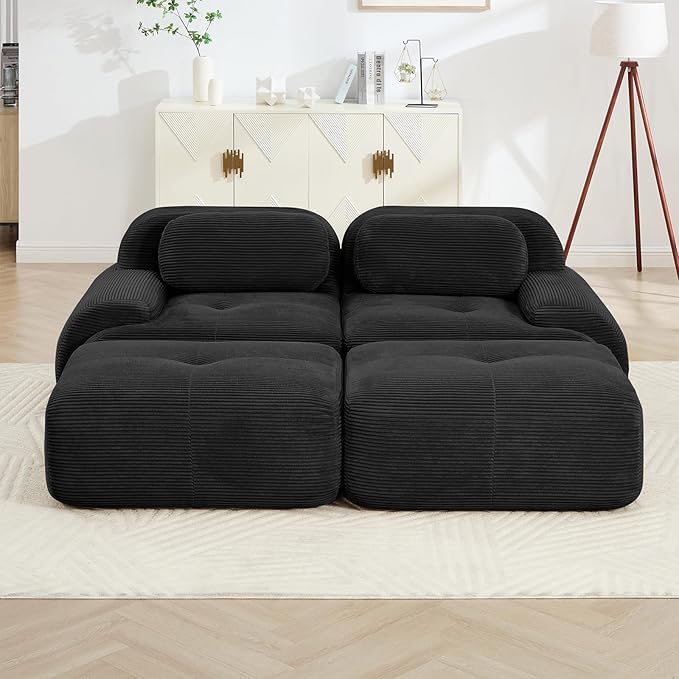 Black Ottoman for Modular Sectional Sofa, Corduroy Deep Seat for Oversized Compressed Boneless Sectional Couches for Living Room Bedroom Apartment, Cloud Sofa Couch Set, Memory Foam, No Assembly