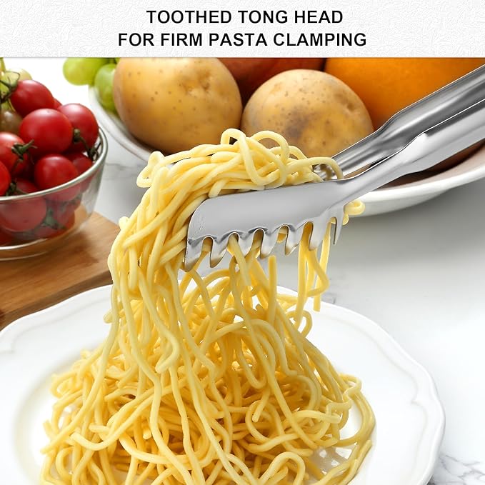 Pleafind Spaghetti Spoon and Spaghetti Tong 2-Piece Set, 13-Inch Non-Stick Spaghetti Fork and 11.4-Inch Kitchen Tong, Easy Storage and Cleanup, Ergonomic Design, Stainless Steel