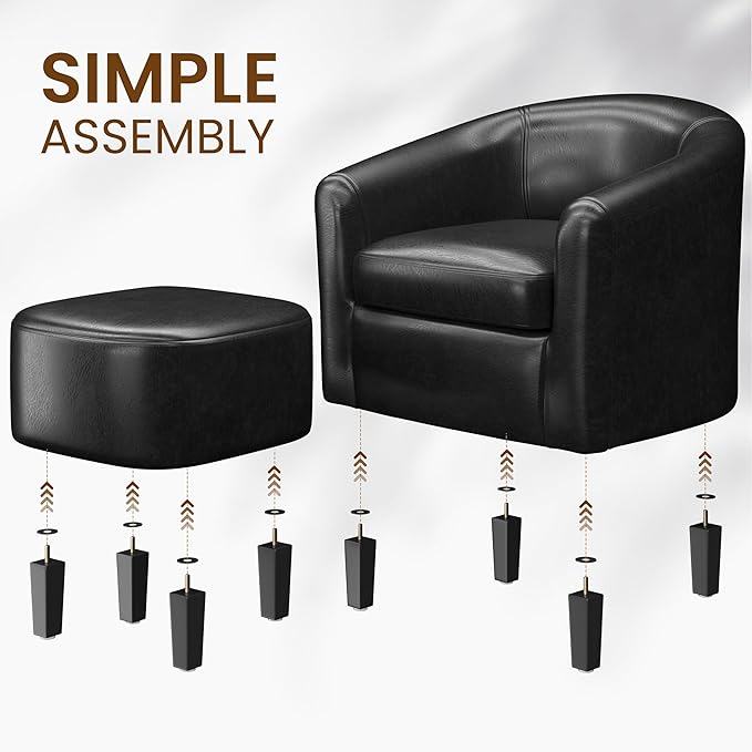 Yaheetech Accent Chair with Ottoman Foot Rest, PU Leather Mid Century Modern Upholstered Soft Barrel Chair Comfy Armchair and Footrest Set for Living Room/Bedroom/Reading Room, Set of 2, Black