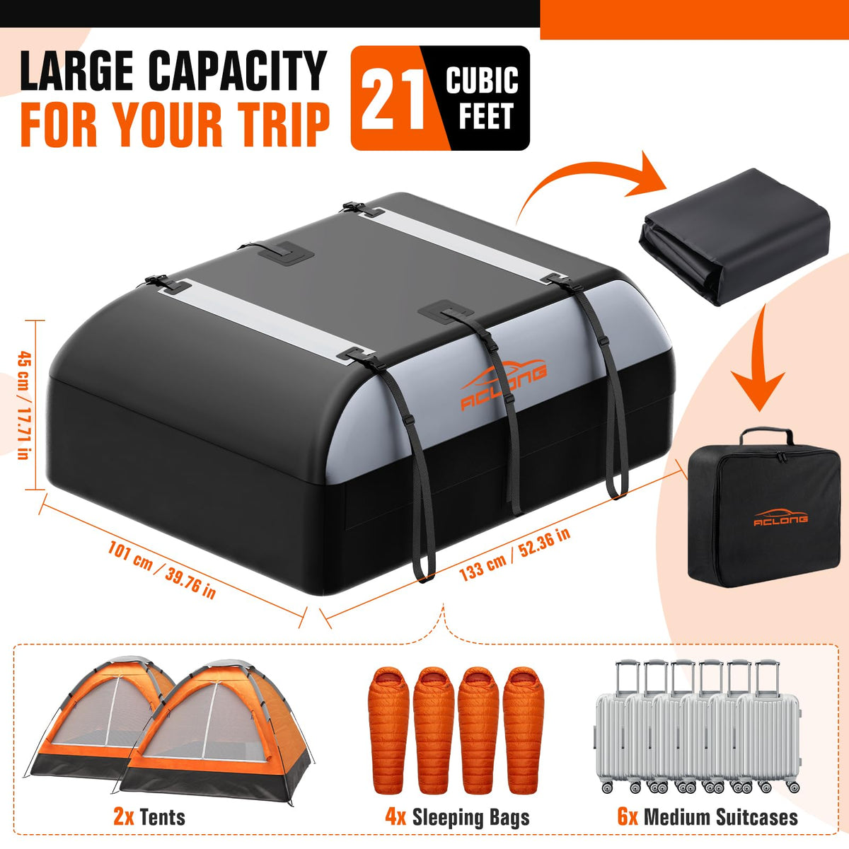 ACLONG 21 Cubic Feet Car Roof Bag 840D Waterproof Rooftop Cargo Carrier Bag for All Cars with/Without Racks Includes Anti-Slip Mat Storage Bag Combination Lock 6 Door Hooks