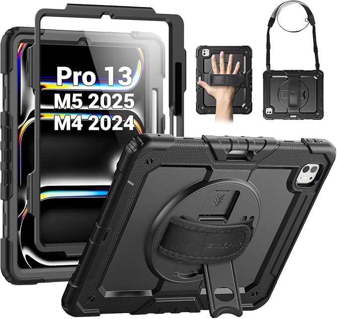 SEYMAC for iPad 9th/8th/7th Generation Case 10.2 2021-2019 Full-Body Shockproof Protective Case with Screen Protector Rotating Stand/Handle/Shoulder Strap for iPad 10.2 Blue/Black