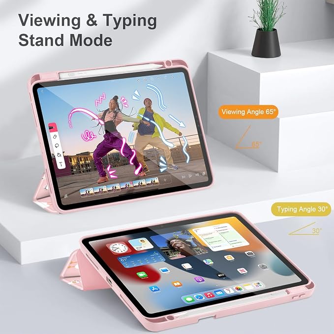 May Chen Case for iPad 12.9 Inch (6th/5th/4th/3rd Generation 2022/2021/2020/2018) Pencel Holder + Trifold Support Auto Sleep/Wake Transparent Shockproof Back Cover Blue Bows