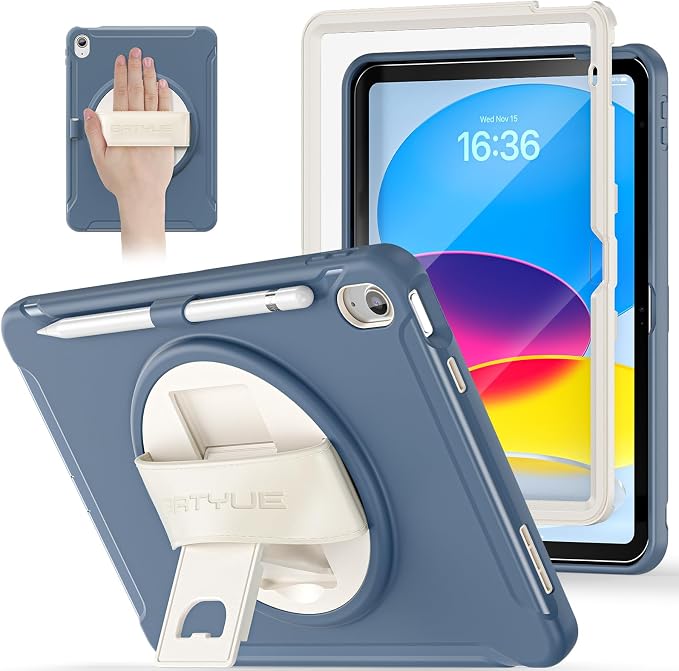 BATYUE Shockproof Case for iPad 10th / 11th (A16) Gen 11 inch CoralOrange | 3in1 PC+TPU Heavy Duty Leather Hand Strap Adjustable Stand Screen Protector Pencil Holder Easy Clean Personal/Busine