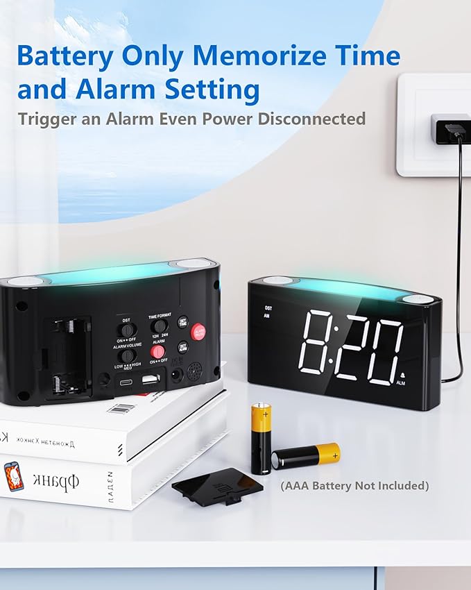 Mesqool Digital Alarm Clock for Bedroom, 7.5" Big Display, 7-Color Night Light,USB & Type C Charger, Dimmer,12/24 H,Plug-in Easy to Set Alarm Clock for Teens, Kids, Heavy Sleepers