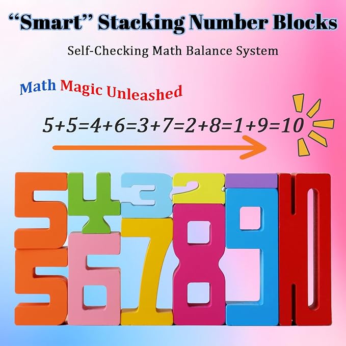 Montessori Math Blocks for Kids Ages 3-8 | 20PCS Wooden STEM Learning Toys with Balance Game | Self-Checking Number Puzzles & Counting Cubes | Toddler Educational Building Set
