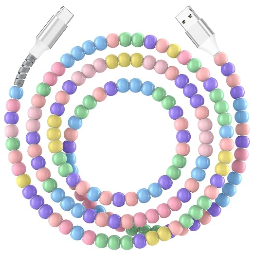Jelanry 3FT USB-A to USB-C Fast Charging Cable Beaded &ampData Sync Women Girl | Cute kawaii beaded cable for iPhone 17/16/15 Samsung S26/S25/S24 Pixel iPad Fast charge for daily use office &amp tra