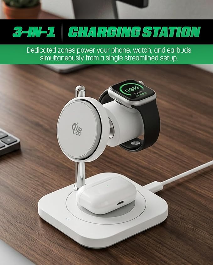 Galvanox Qi2.2 25W Magnetic Wireless Charging Stand for iPhone - 3 in 1 Charger Station (for iPhone Apple Watch and AirPods) with Super Fast (45W) Wall Adapter (Compatible with MagSafe)