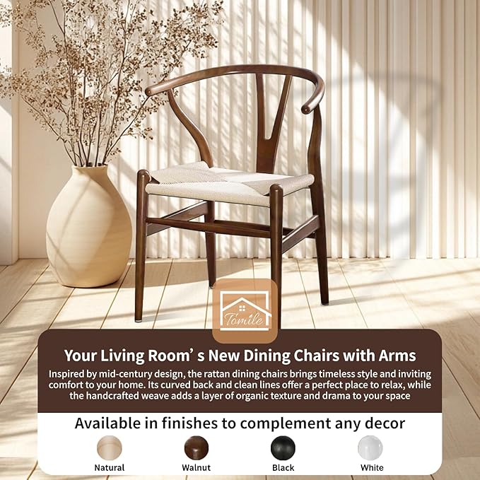 Tomile Wishbone Chair Y Chair, Wooden Dining Chairs Set of 2, Mid Century Modern Chairs with Arms, Solid Wood Weave Seat Kitchen & Dining Room Chairs (Ash Wood - Walnut Color)