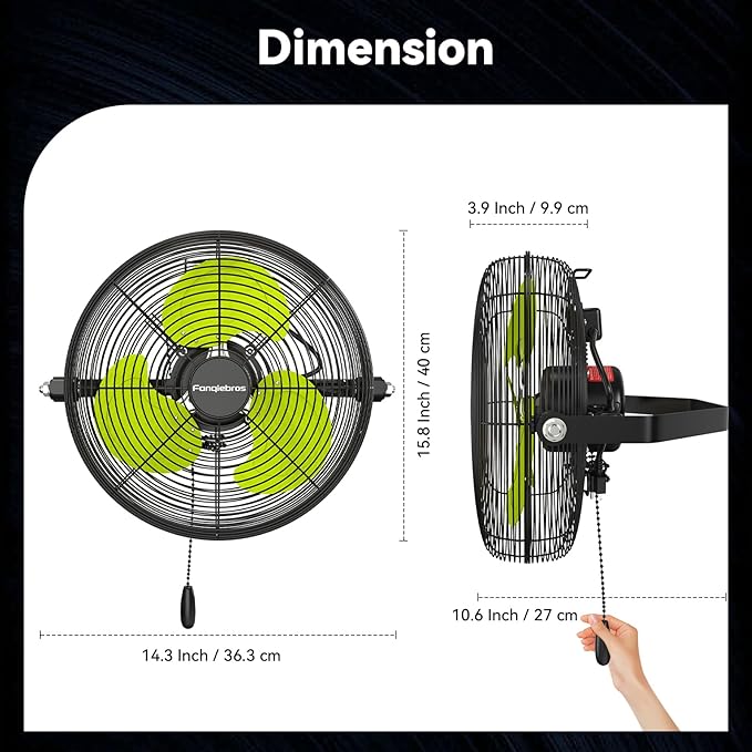 Fanqiebros 12 IN High Velocity Wall Mount Fan, 3 Speed Industrial Wall Fan with Sealed Motor, 2500 CFM Adjustable Air Circulator for Garage, Commercial, Greenhouse, Warehouse & Gazebo Use, UL Listed
