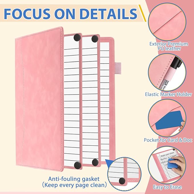 6 Sides Dry Erase Notebook Portable Whiteboards Notebook Small Reusable College Ruled Lined Board Folding Mini Travel Dry Erase White Board for Office Study(Pink,A6: 5 x 7 Inches)