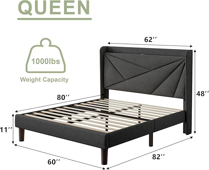 Feonase Queen Bed Frame with Charging Station, Linen Upholstered Platform Bedframe with Wingback Headboard, Solid Wood Slats Support, Noise Free, No Box Spring Needed, Charcoal Grey