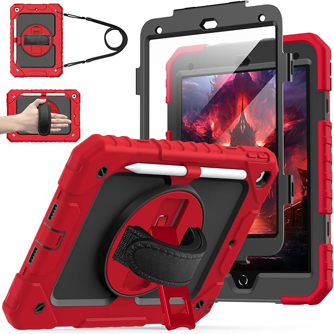 Cantis Case for iPad 9th/8th/7th Generation with Screen Protector, iPad 10.2 Case 2021/2020/2019 with 360 Degree Rotating Stand/Shoulder Strap/Pencil Holder, Red