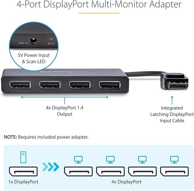 StarTech.com 4-Port DisplayPort 1.2 Splitter, DisplayPort to 4x DP Multi-Monitor Adapter, Quad 1080p 60Hz Computer MST Hub, Windows Only, No Drivers (MSTDP124DP)