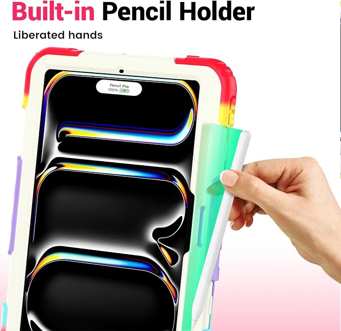 for iPad Pro 11 inch Protective Case M5 2025/M4 2024: Heavy Duty Shockproof Case with Pencil Holder - 360°Rotating Handle/Stand - Screen Protector - Shoulder Strap Black/Sky Blue