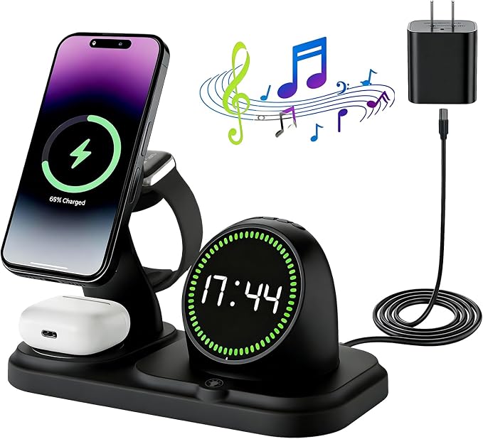 6-in-1 Wireless Charging Station with 30W Fast Adapter RGB Ambient Light Digital Clock &amp Bluetooth Speaker Multi-Function Desktop Charger for Wireless Charging Phones Earbuds &amp Watch