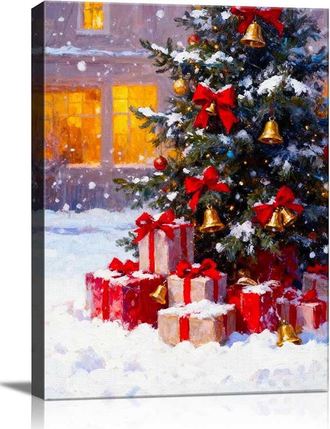 Vintage Christmas Tree and Gifts Box Canvas Wall Art - Festive Framed Print for Home Office Decor, Rustic Christmas Wall Art Picture, Ideal Christmas Gifts & Holiday Decorations