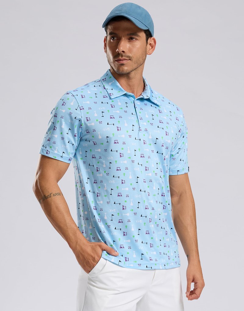 Men's Golf Shirt Short Sleeve Dry Fit Polo Moisture Wicking Print Collared Golf Shirts for Men Casual Lightweight(Golf Collection,L)