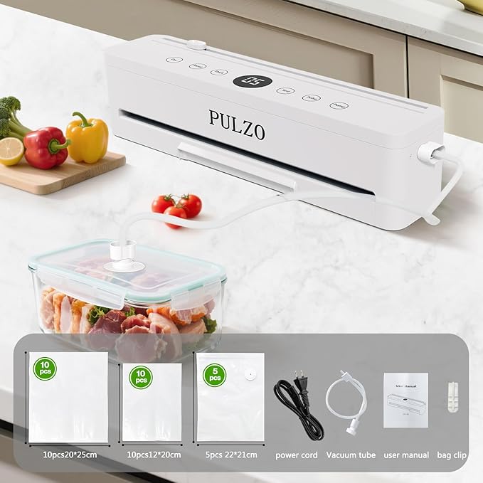 Vacuum Sealer Machine, 85KPa True-Auto Vacuum Sealer for Food, Dry/Wet Modes, External Sliding Blade, Removable Drip tray, Includes Free Bags (25 Pre-cut)
