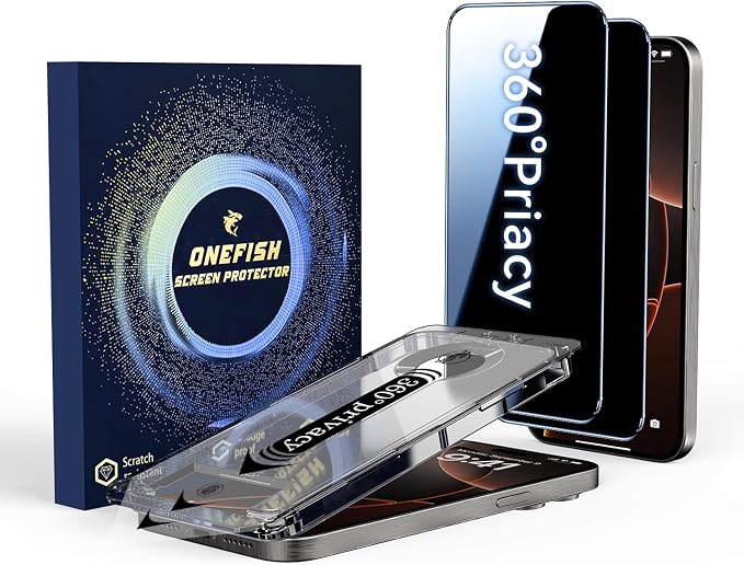 OneFish Screen Protector for iPhone 13 Pro Max / 14 Plus Privacy 4-Way 360° Anti-Spy Tempered Glass 9H Hardness HD Clear Anti-Fingerprint 3D Curved Edges Case-Friendly &amp Easy Installation