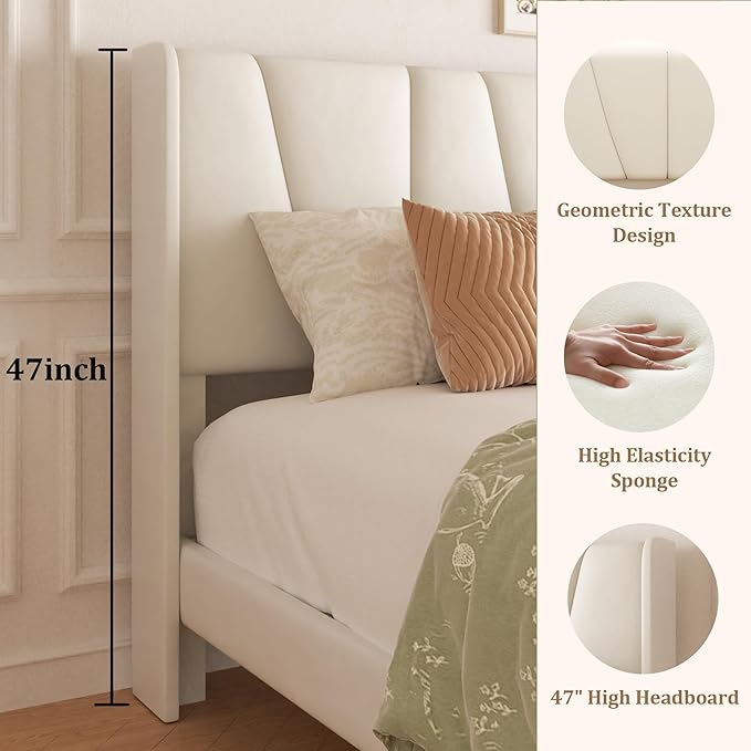 Full Bed Frame with Storage Drawers, Upholstered Full Size Platform Bed with 47" Tall Headboard and Wingboard, No Box Spring Needed, Noise Free, Easy Assembly, Wooden Support Slats, Beige