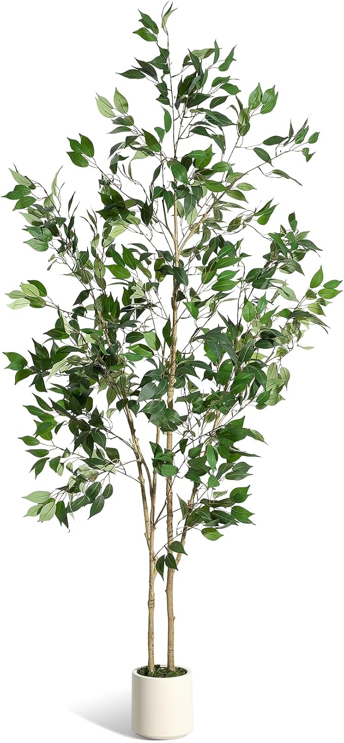 7FT Ficus Trees Artificial Indoor, Faux Silk Plant with Natural Wood Trunk and Lifelike Fruits, White Imitation Ceramic Planter with Green Fake Moss for Modern Home Office Living Room Decor