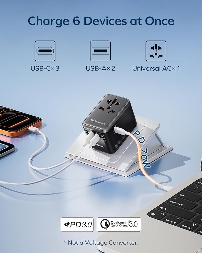 MOMAX Travel Essentials Bundle 6-in-1 70W Universal Travel Adapter GaN + Magnetic Wireless Power Bank 5000mAh