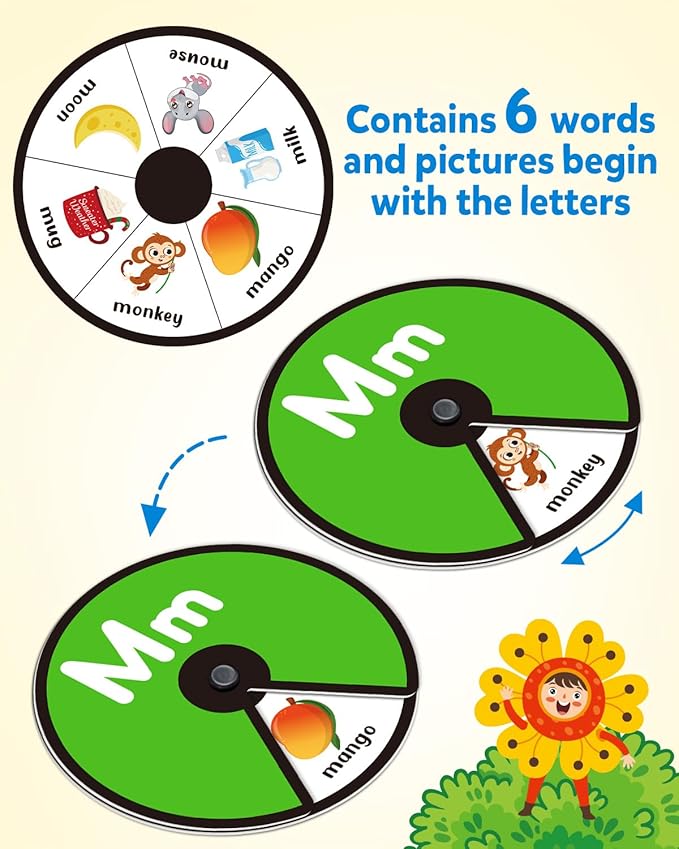 Coogam Interactive Alphabet Spinning Card for Toddler, ABC Letters Numbers Learning Game, Pattern Color Sight Words Educational Flashcard, Montessori Toy Gift for Preschool 3 4 5 Year Old