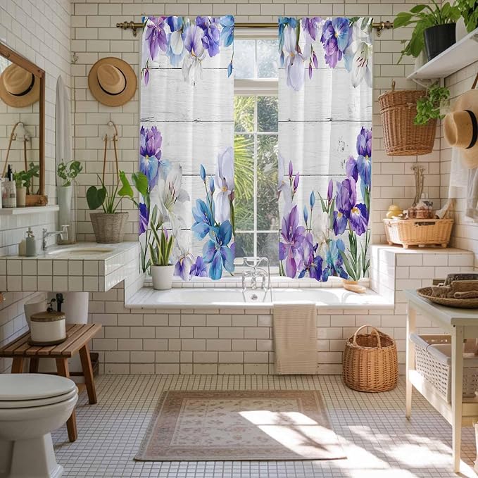 Spring Flowers Kitchen Curtains, Watercolor Garden Florals Wooden Grain Light