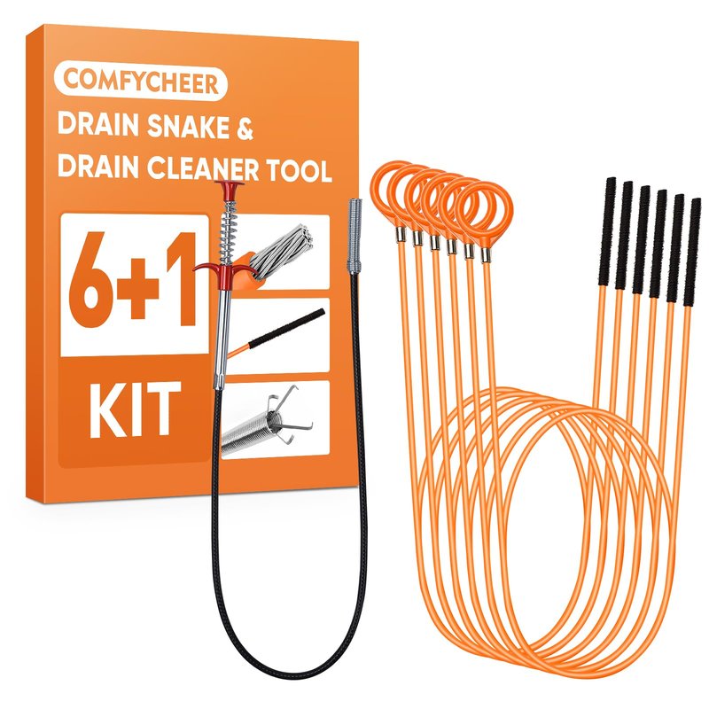 Comfycheer 51inch Drain Hair Remover(6pack),34inch Drain Clog Remover(1pack),Drain Auger Cleaner Tool Set For Toilet, Kitchen Sink, Bathroom Tub, 7 Pack