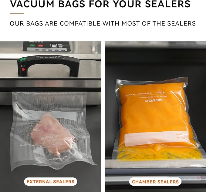 Wevac Vacuum Sealer Bags, 150 Gallon 11" x 16", and Quart 8" x 12" and Pint 6" x 10", 5 Liquid Block Bags & 5 Bone Guard Pieces, Heavy Duty for Food Storage, Sous Vide & Meal Prep