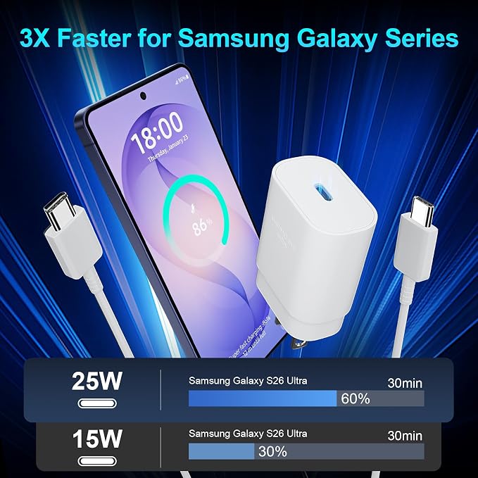 Super Fast Charger Type C 25W USB C Wall Charger Fast Charging for Samsung Galaxy S26 Ultra/S26/S26+/S25 Ultra/S25/24 Ultra/S24/S23 Ultra/S22 Ultra with 10FT Long Android Type C Charger Cable 2Pack