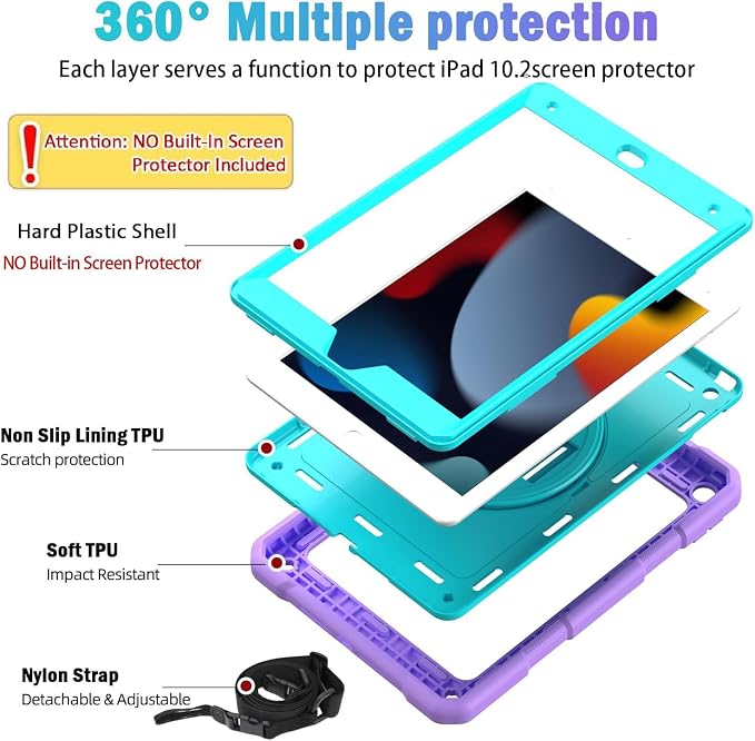BMOUO for iPad 9th/8th/7th Generation Case 10.2 Black | Shockproof Rotating Stand Shoulder Hand Strap iPad 9th/8th/7th Generation Case with Pen Holder for iPad 10.2“ 2021/2020/2019