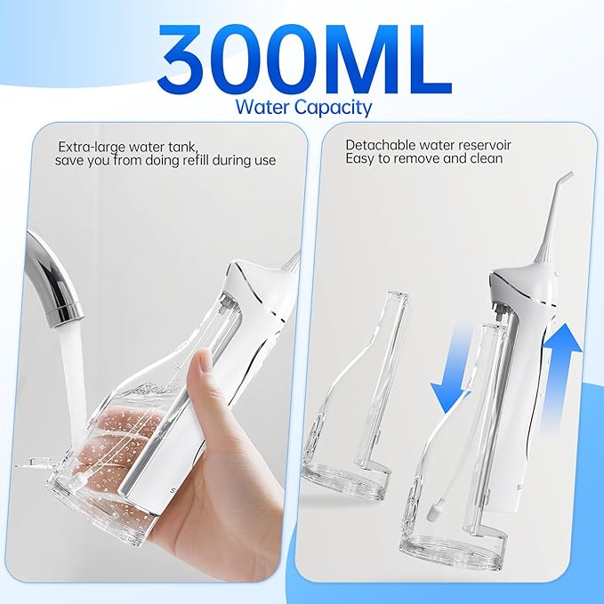 Portable Water Flosser for Teeth, Cordless Dental Flosser with 300ML Large Tank, Rechargeable Oral Irrigator with 5 Replaceable Jet Tips, 4 Modes, IPX7 Waterproof, Deep Cleaning Picks for Home Travel