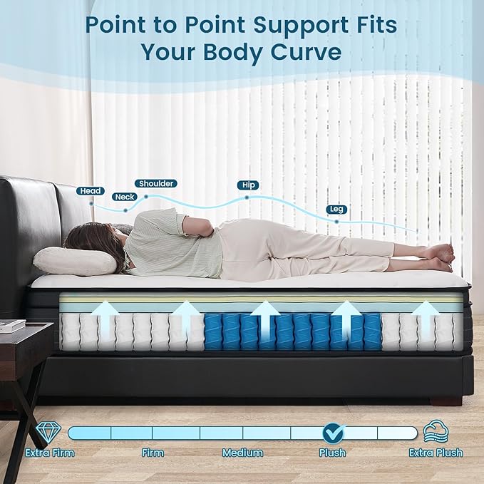 Queen Size Mattress, 10 Inch Individual Pocket Springs Hybrid Memory Foam Mattress in a Box for Pressure Relief, Motion Isolation, CertiPUR-US, Medium Firm