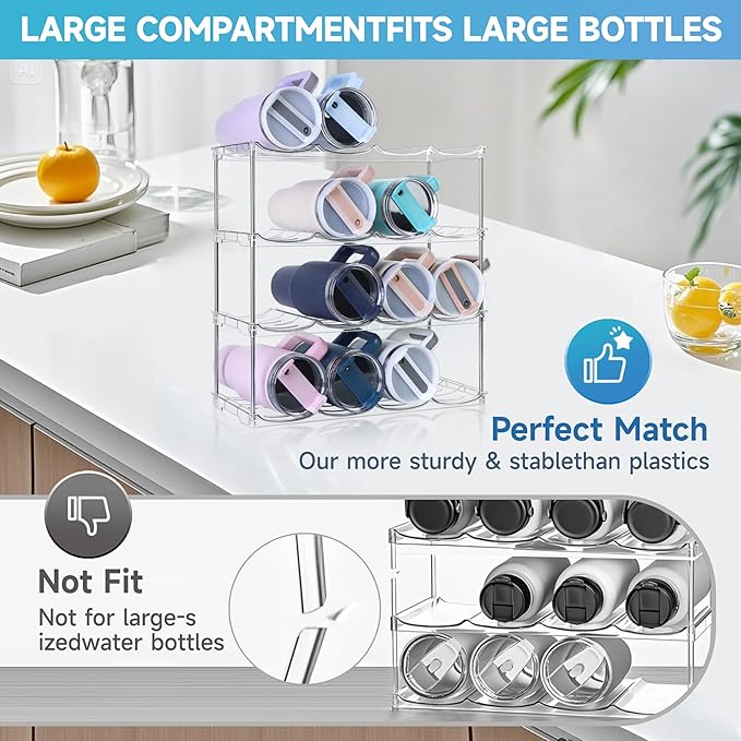 Larger Water Bottle Organizer for Stanley 40 oz Tumbler, Stackable Water Bottle Holder Rack for Cabinet, Kitchen Storage Organizer for for Stanley Cup Accessories, Tumbler Storage Holder，4 Pack