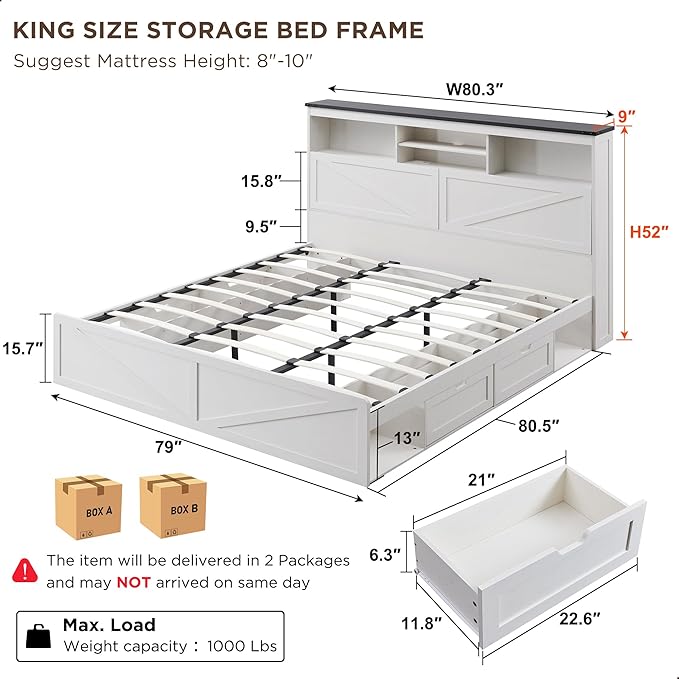 ACCOHOHO King Bed Frame Farmhouse with 52" Storage Bookcase Headboard, 4 Drawers Wooden Bed Frame, LED Light, Charging Station - White