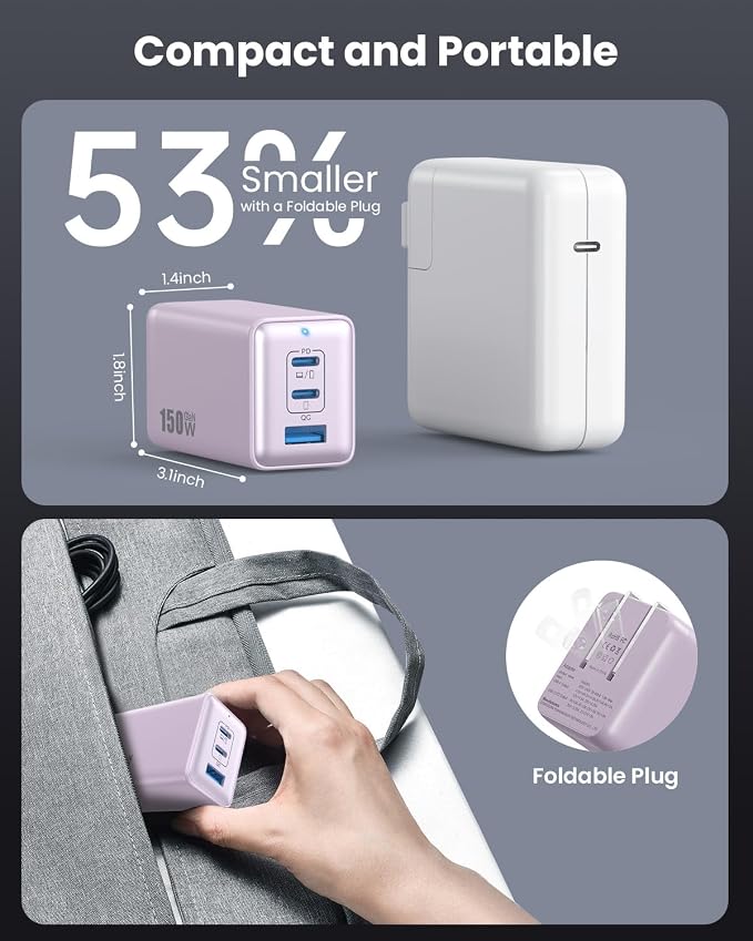 150W USB C Charger BlockGaN III Compact Foldable Wall Charger 3 Port Fast Charging StationPD QC PPS Portable USB C Hub 100W Laptop Adapter for MacBook Pro/AiriPadiPhone 17/ProGalaxy S24Dell etc