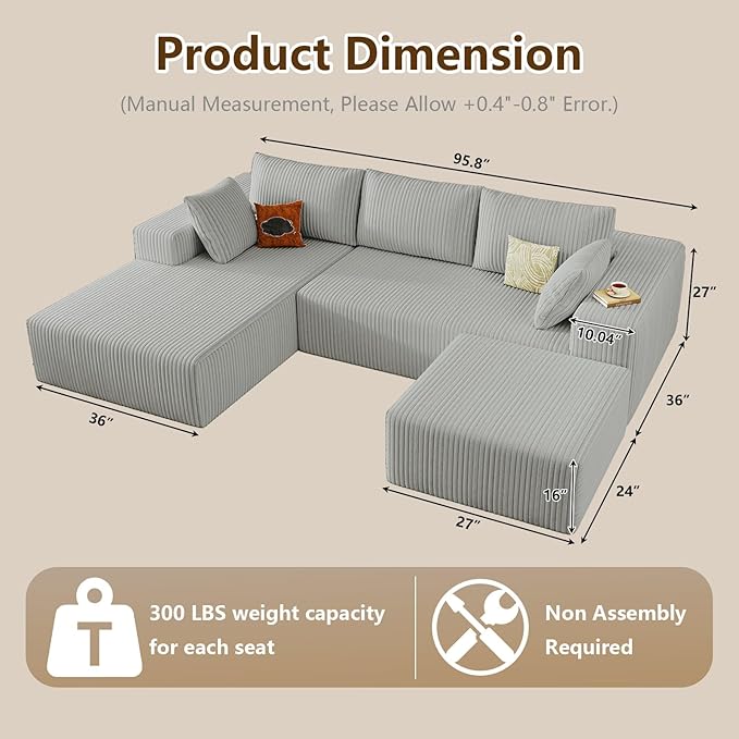 96" U-Shape Cloud Couch, Modern Modular Sectional L-Shape Sofa with Ottoman, Corduroy Upholstered Couches Deep Seat Chaise Longue for Living Room, No Assembly Required(Light Gray, Left Facing)