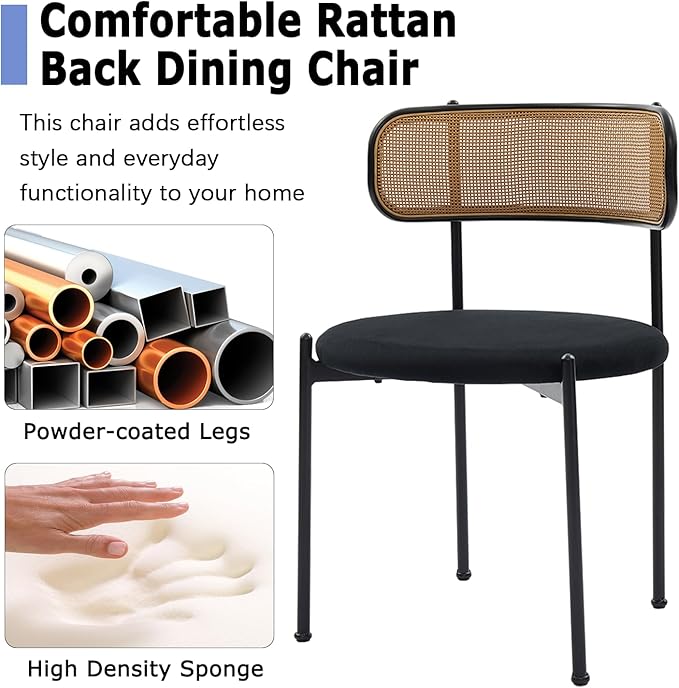 Rattan Dining Chairs Set of 4, Mid Century Modern Dining Chairs with Cane Back and Boucle Upholstered Seat, Farmhouse Kitchen Chairs for Dining Room and Living Room, Black