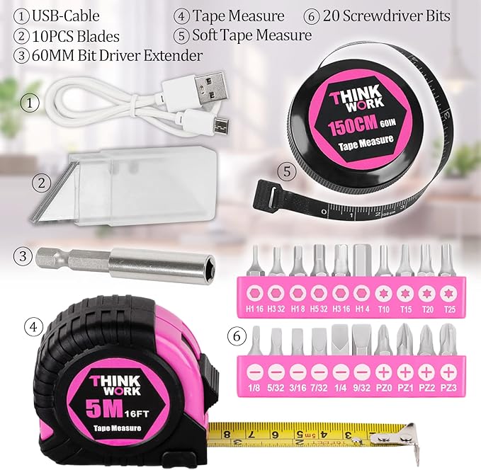 THINKWORK 41 Piece Pink Tool Set - Lady's Hand Tool Set with 3.6V Rotatable Electric Screwdriver, Home Repairing Tool Kit for Women with Large Mouth Open Tool Bag, Perfect for Home DIY, Daily Use