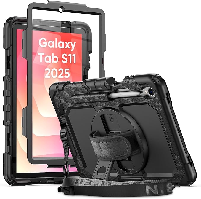 Case for Samsung Galaxy Tab S11 2025 | Three-layer Rugged Shockproof Case W/Screen Protector Shoulder Strap for Tab S11 11 inch (Model SM-X730/SM-X736B) Black