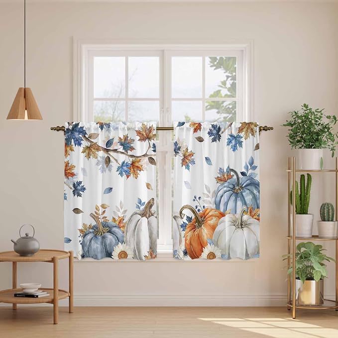 Navy Blue Pumpkin Fall Kitchen Curtains 54 Inch Long 2 Panel Set, Rod Pocket