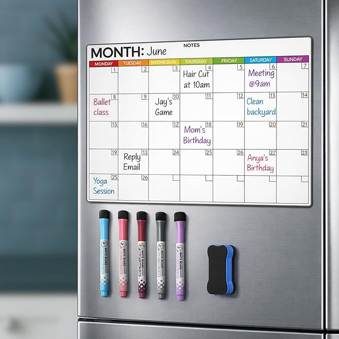 Refrigerator Calendar Magnetic Dry Erase - 17" x 12" Magnet Calendar for Fridge, Monday Start | Family Schedule Board, to-Do List & Work | Include 5 Markers & Eraser by Freedom Mastery