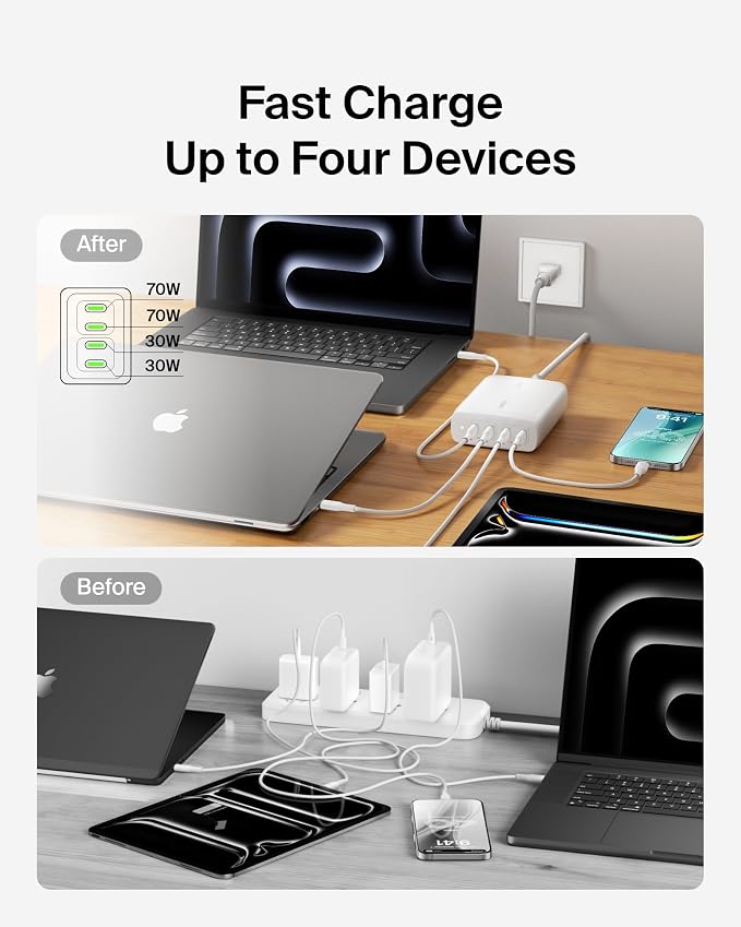 Belkin 4-Port USB C Charger Block 200W - GaN Charger USB-C PD 3.1 Fast Charge + 5ft Power Cord - MacBook Apple iPhone 17 iPad Samsung Galaxy S25 Google Pixel 10 Nintendo Switch 2 &amp More - Whi