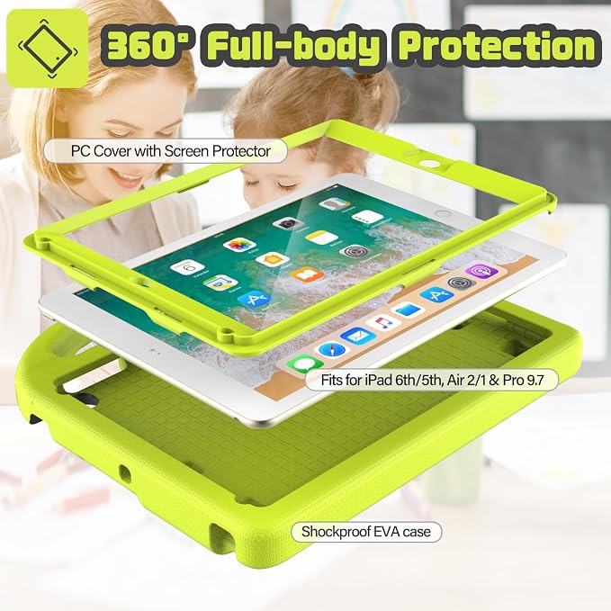 YIHE Shockproof Kids Case for iPad 6th/5th Gen Air 2/1 Pro 9.7 LightBlue | Full-Body Protection Durable Tablet Cover Built-in Screen Protector Stable Stand Lightweight Vibrant Colors