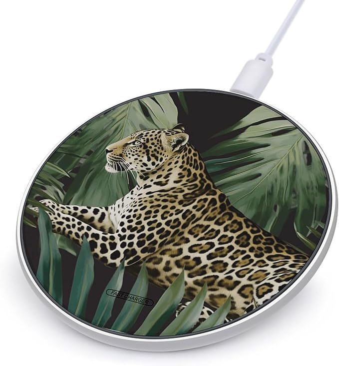 Leopard Palm Leaf Wireless Charger Portable Fast Charging Pad Lightweight Wireless Charging Pad 10W Slim Charging Station for Phone Charger Mat for Travel Home Office Desk