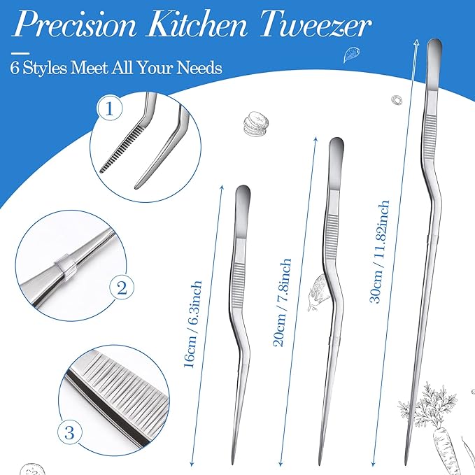 Chumia 3 Pcs Cooking Tweezers Tongs 3 Size Kitchen Stainless Steel Plating Tweezer Set Small Food Handling Tools 6'' 8'' & 12 Inch Flexible Pinching and Non-slip for BBQ Plating Serving